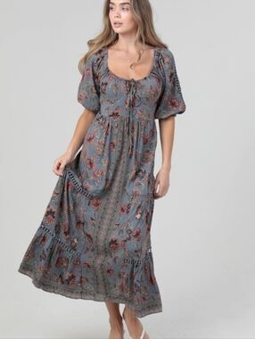 Angie Sz S Blue Floral Open Back Maxi Dress with Puff Sleeves